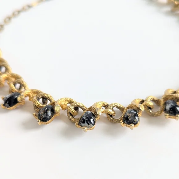 Vintage 1960's Judy Lee Gold Tone Necklace Black Marbled Cabochons - 15
